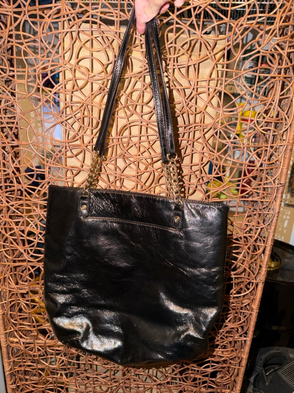 Michael Kors Black Leather Shoulder Tote with Gold Chain Straps
